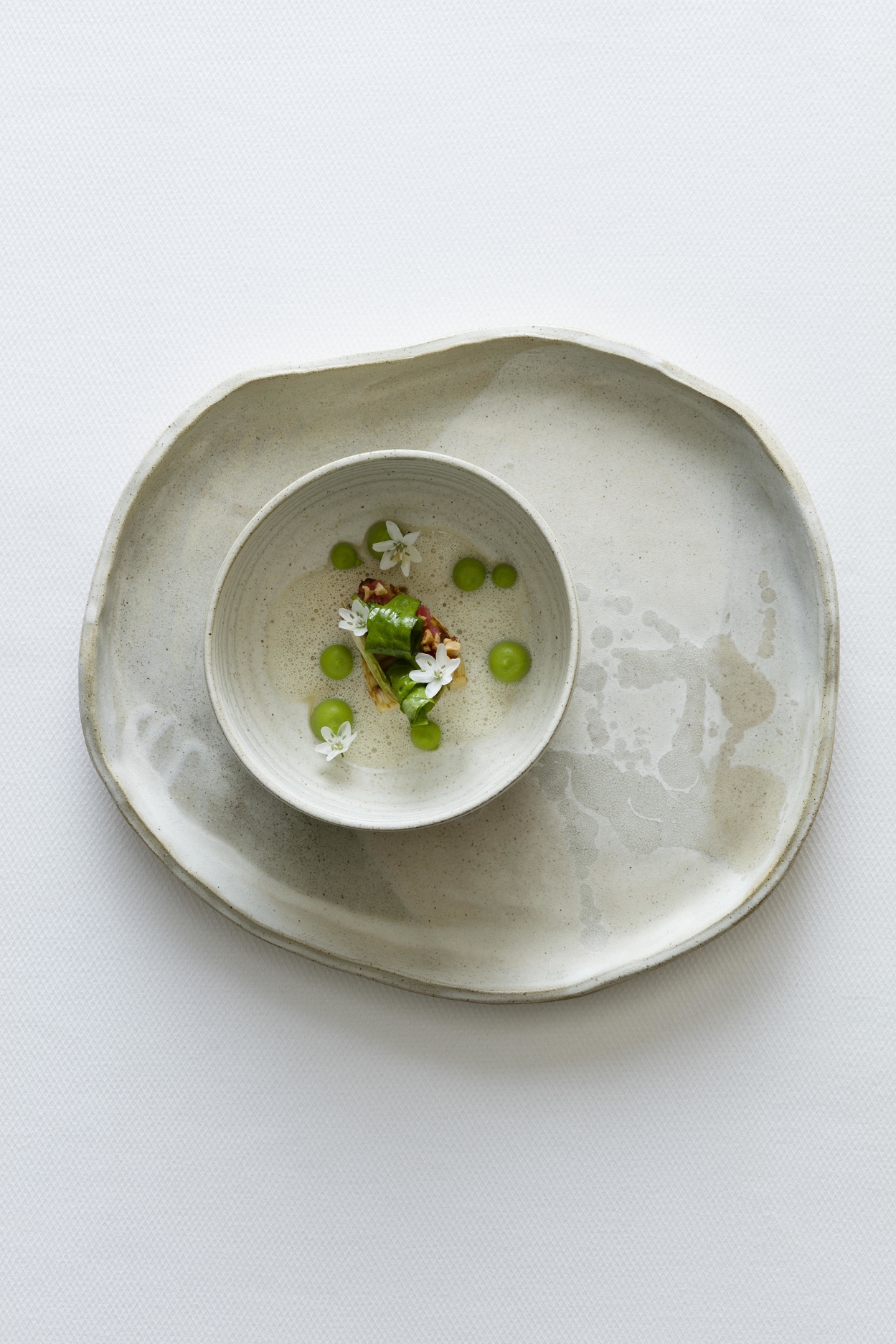 Japanese bamboo shoot with green pea puree