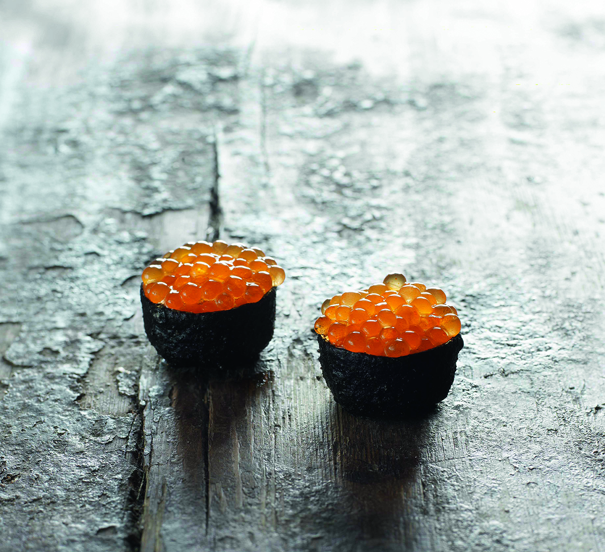 Wild trout roe in a warm crust of dried pigs’ blood