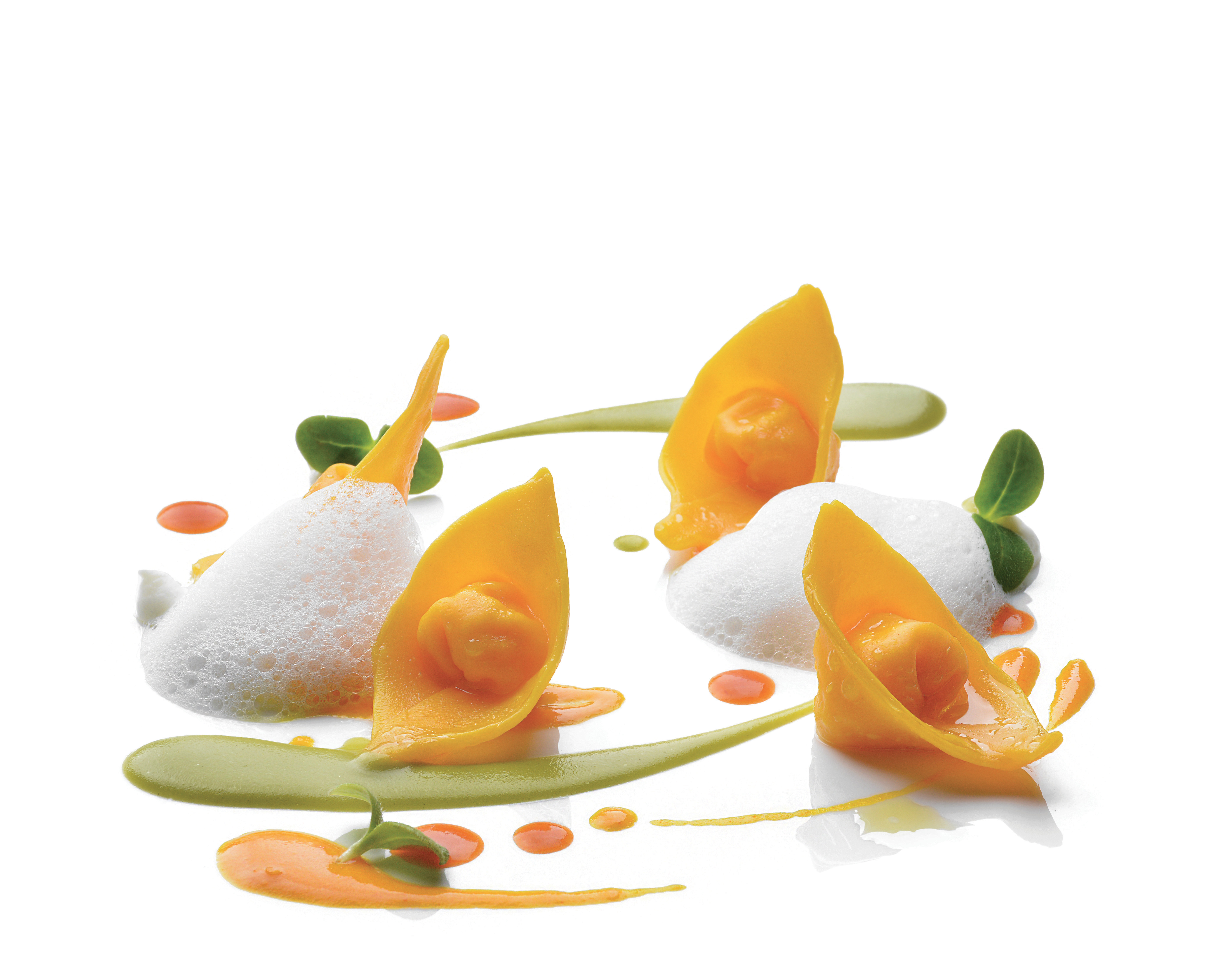 Giovanni Luca Di Pirro’s Red Prawn & Coconut Tortelli With Marinated Mullet & Wasabi Pea Sauce