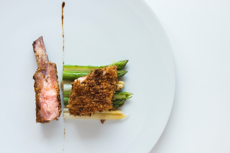 Giorgio and Gian Pietro Damini’s Iberian Pork Ribs With Breadcrumbs & Asparagus
