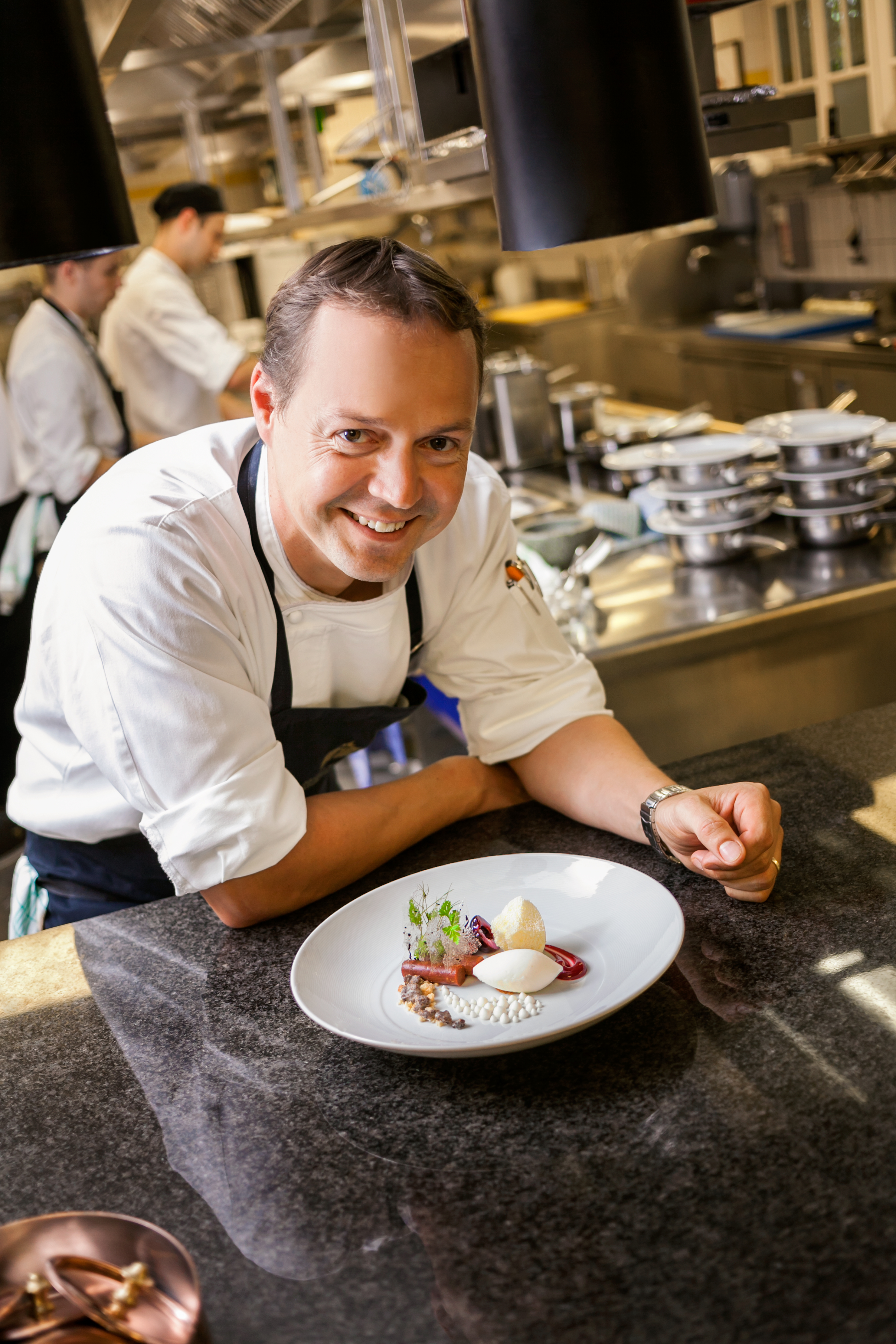 Hendrik Otto's dulce mousse with raspberry-thyme sorbet, exotic fruit jelly, pineapple and kaffir li