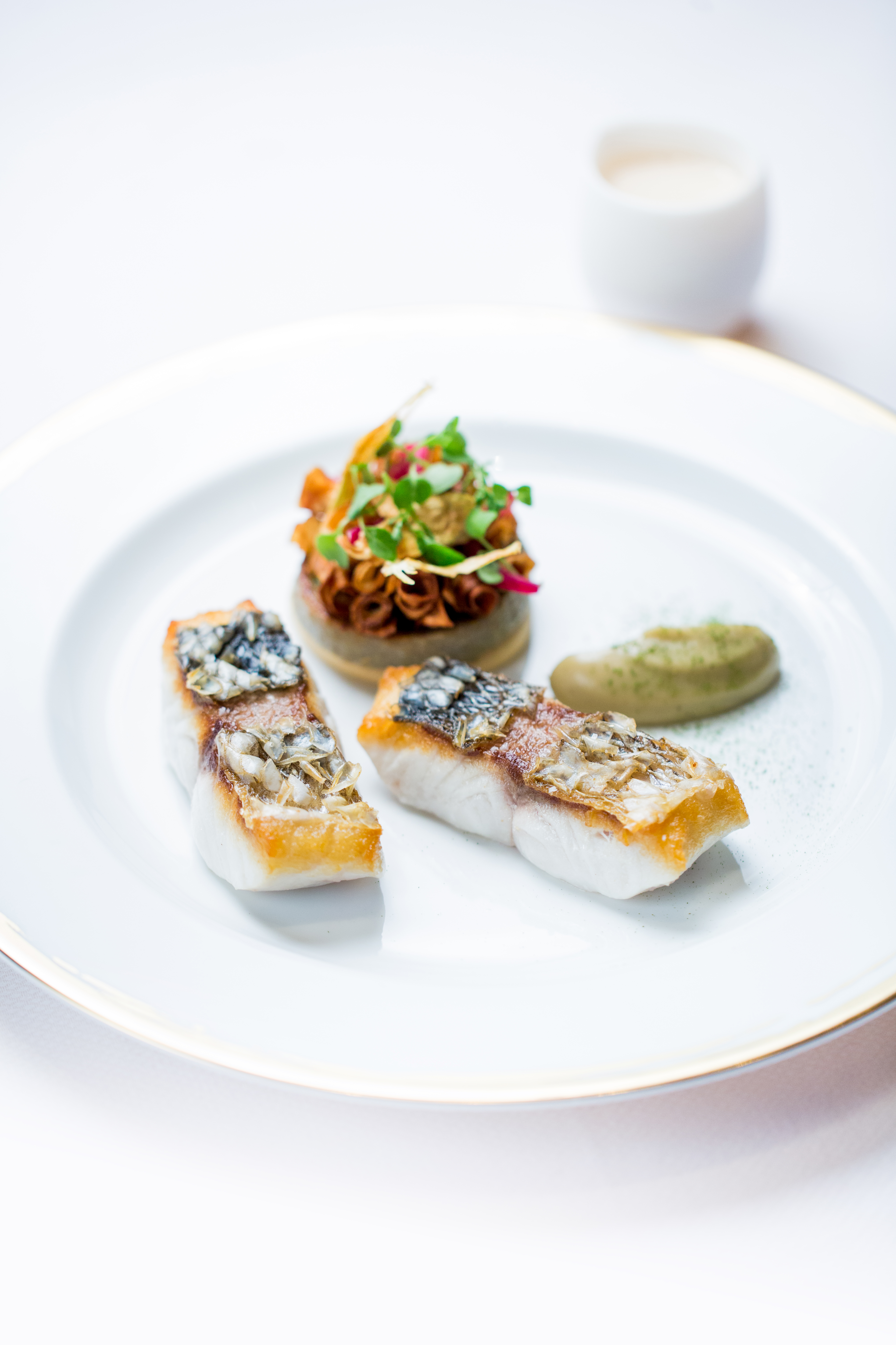 Jocelyn Herland’s ‘Ikejime’ line-caught sea bass on the scale, artichokes and a rocket salad