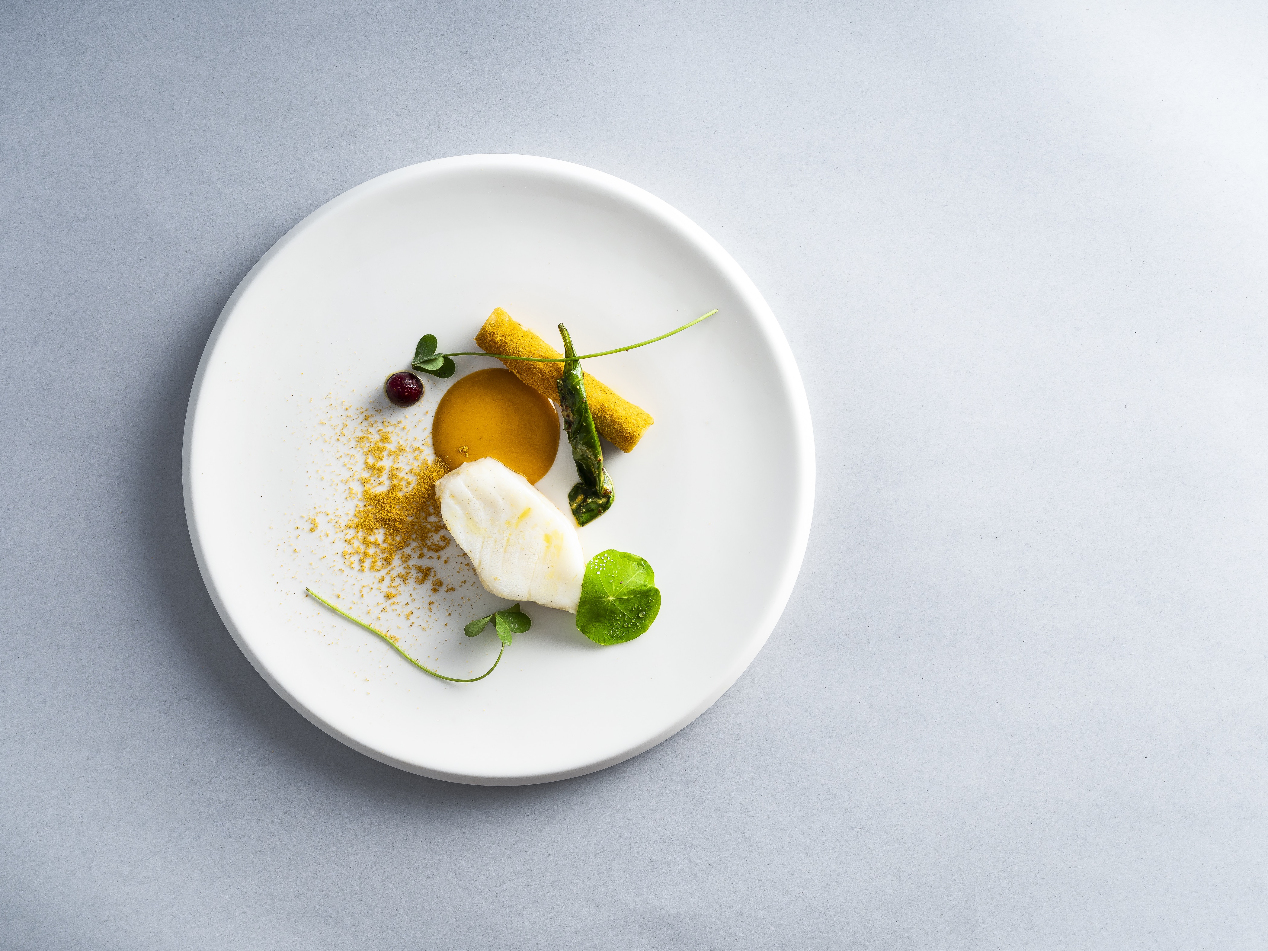 Sujan Sarkar’s Sea Bass with Rhubarb Alleppy Curry and Bone Powder Podi